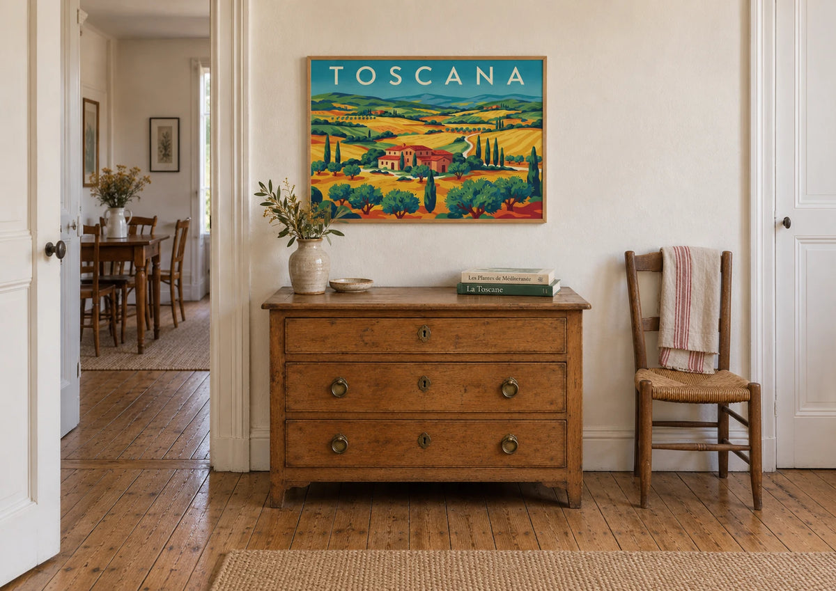 Affiche Toscane paysage toscan cyprès et villa, A2, vue éloignée