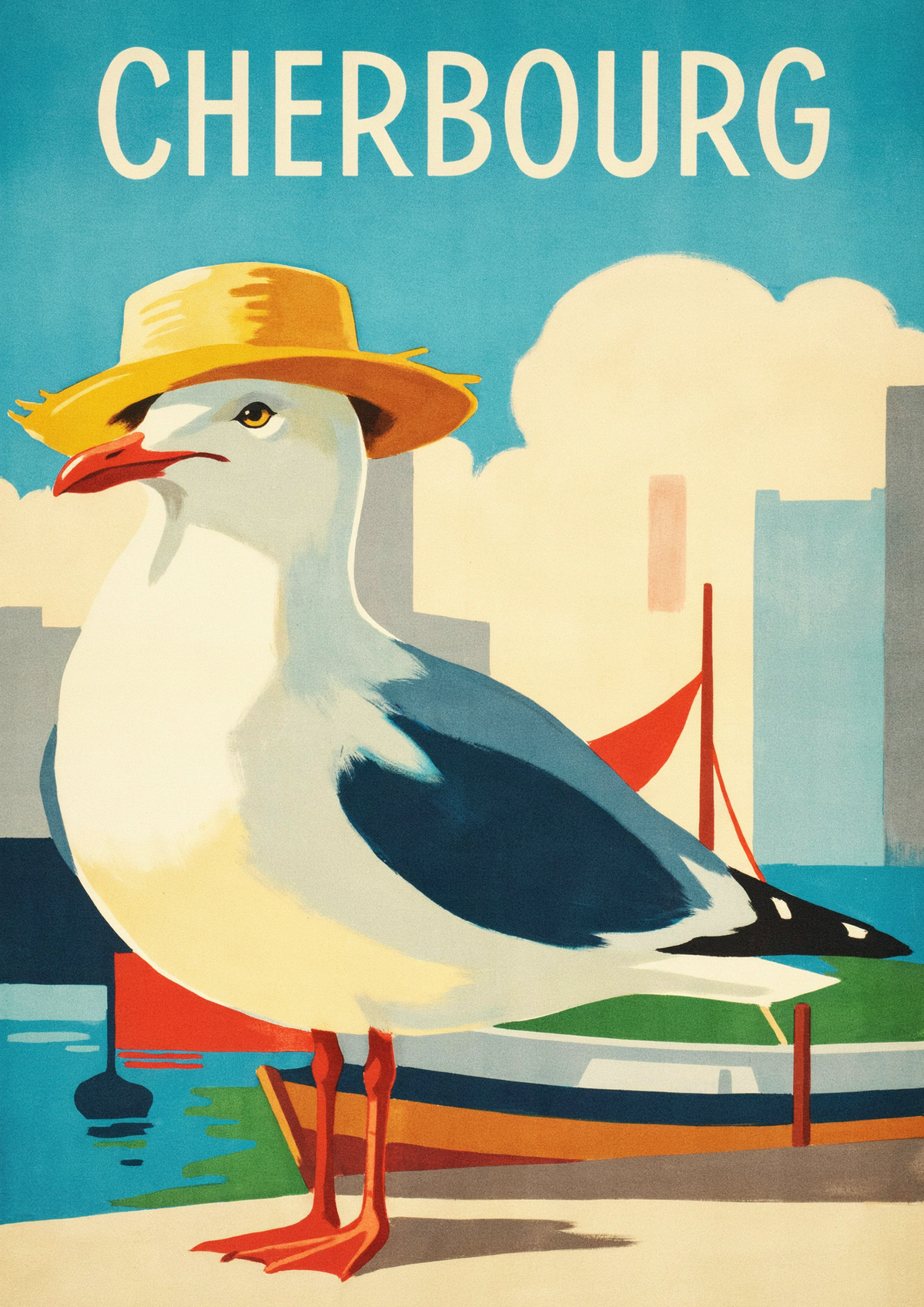 Affiche Cherbourg mouette port maritime Art Déco