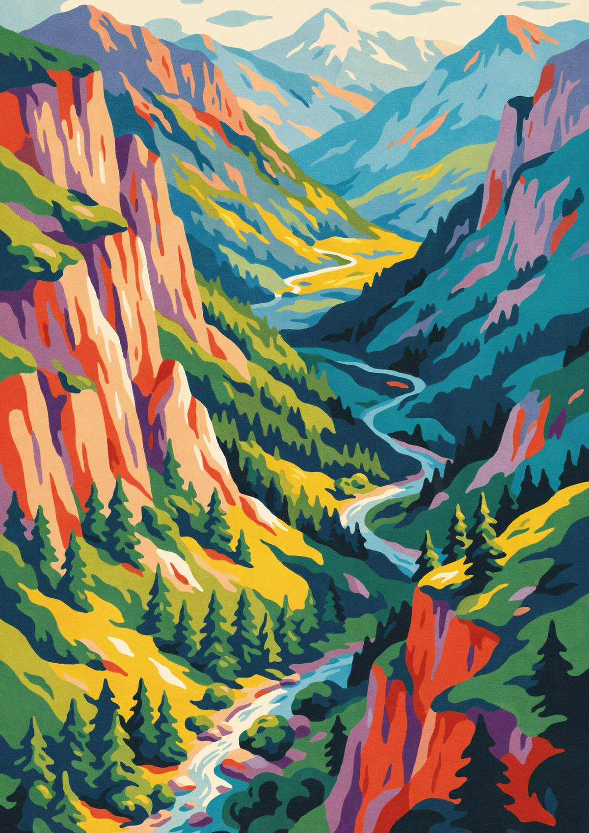Affiche paysage de vallée alpine avec falaises et rivière