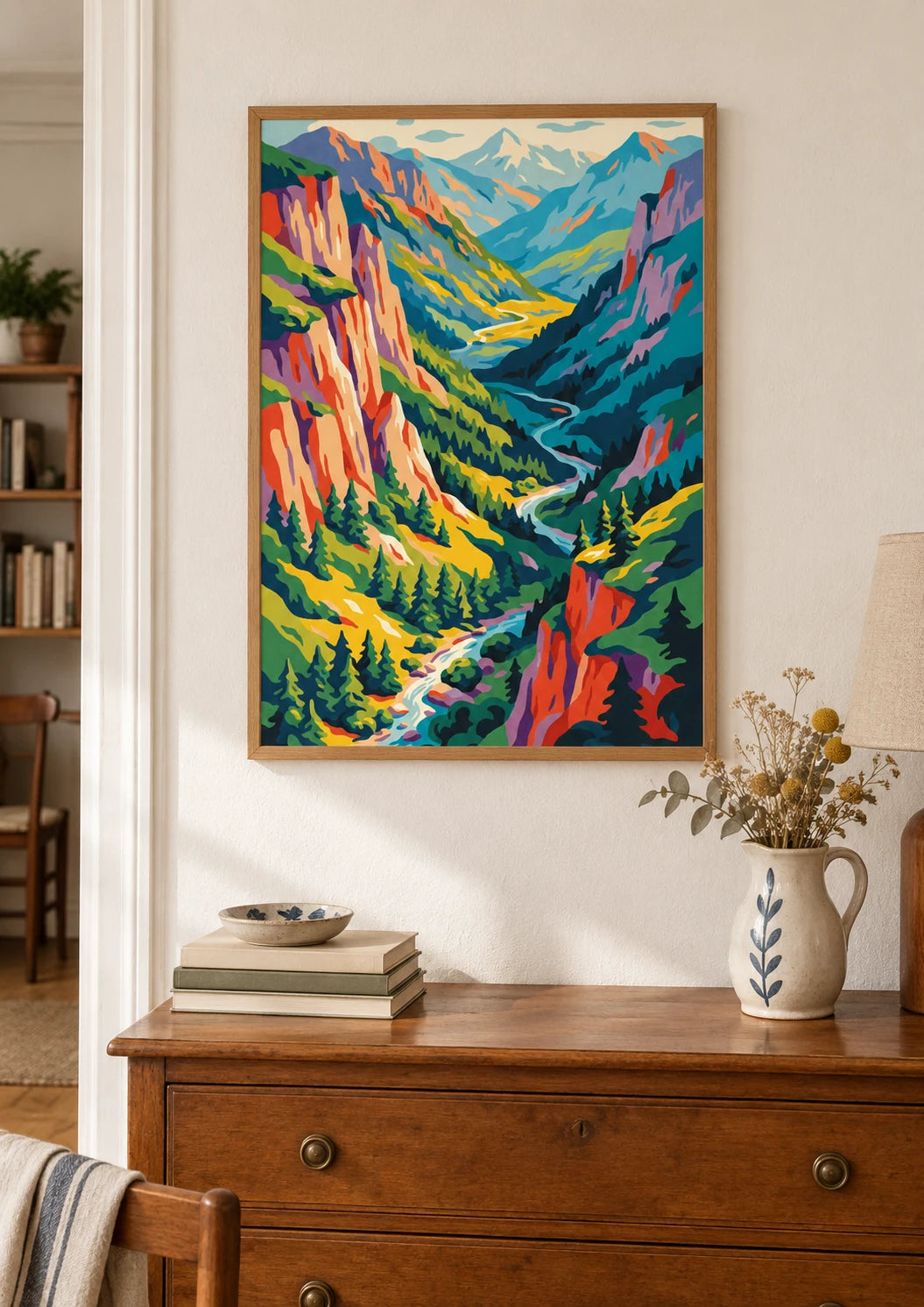 Mise en situation de Affiche paysage de vallée alpine avec falaises et rivière