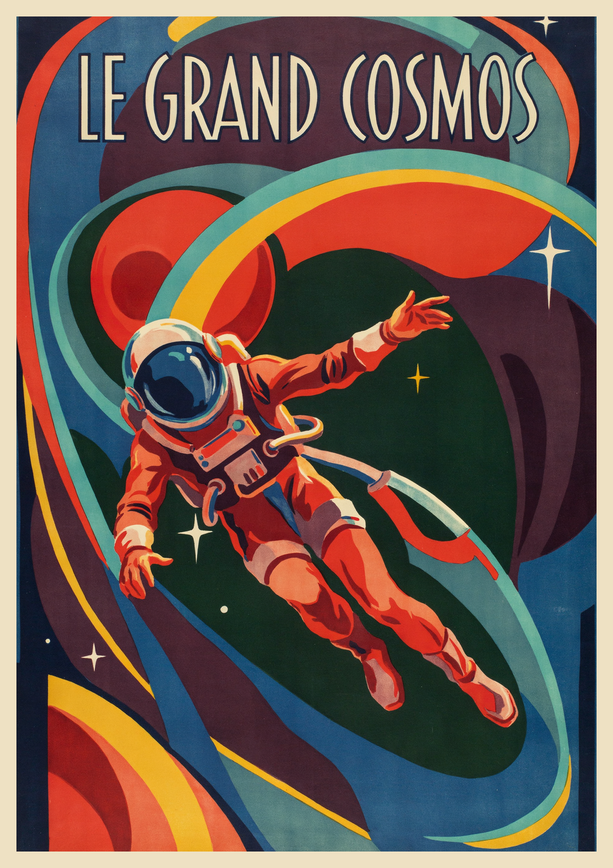 Affiche astronaute cosmique rétro futuriste