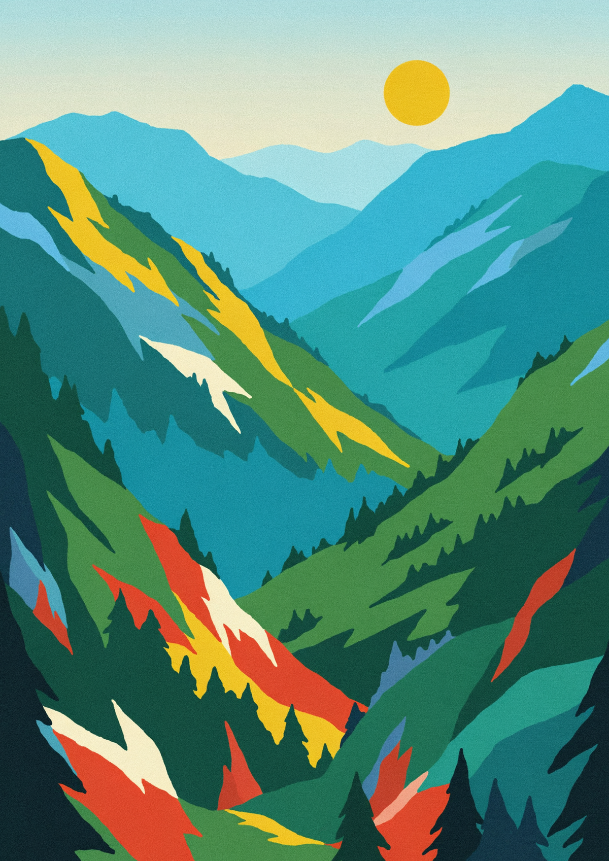Affiche paysage montagneux style art déco