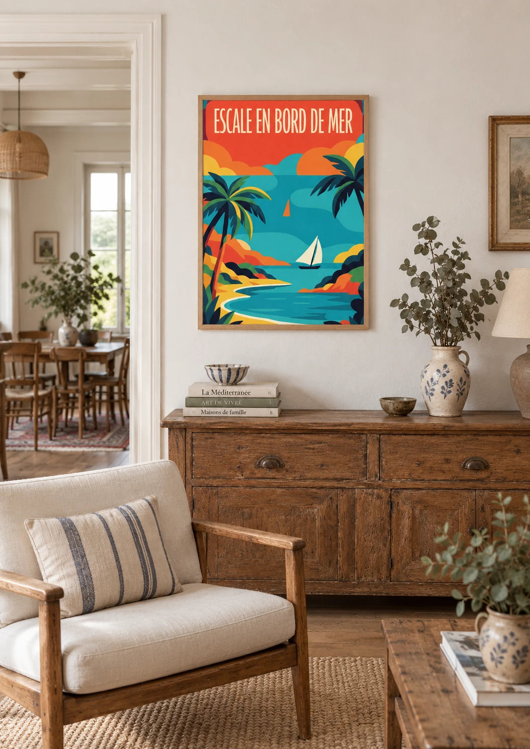 Affiche nautique années 1930 avec palmiers et voilier, A2, vue éloignée