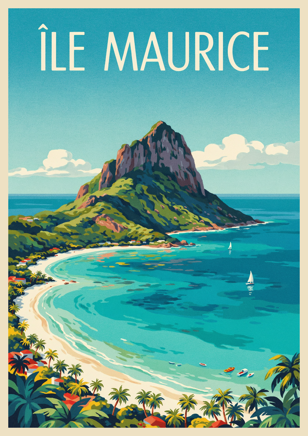 Affiche Île Maurice paysage tropical baie montagne