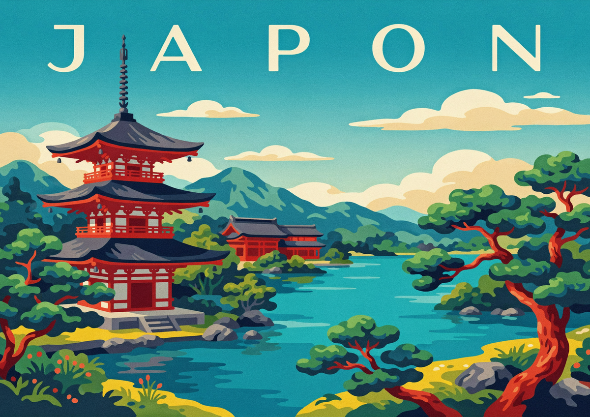 Affiche Pagode temple oriental paysage montagne Japon
