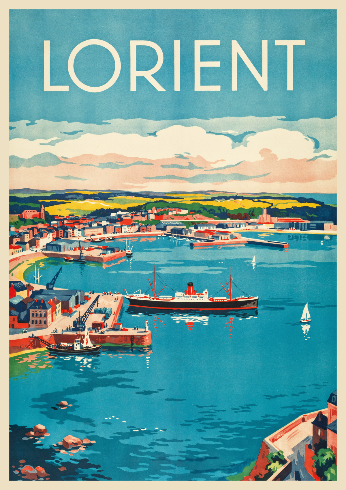 Affiche Lorient 1930 port breton et navire marchand
