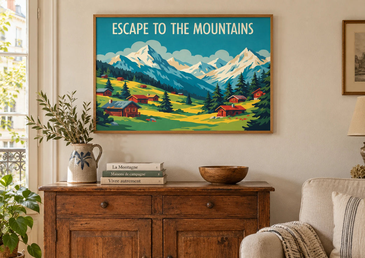 Mise en situation de Affiche Chalets Alpins et Refuge de Montagne Vintage