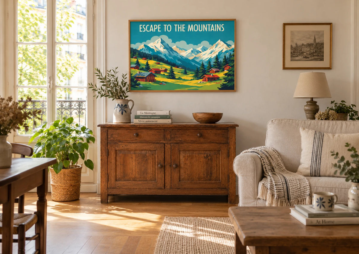 Affiche Chalets Alpins et Refuge de Montagne Vintage, A2, vue éloignée