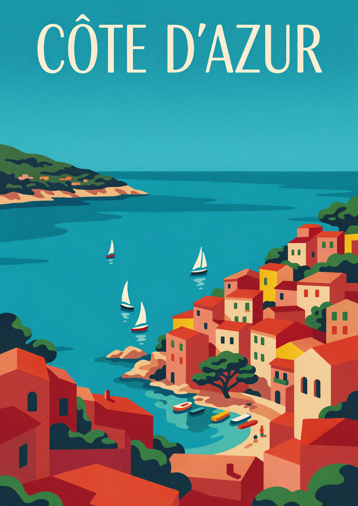 Affiche Côte d'Azur maisons colorées et voiliers style années 30, Affiche