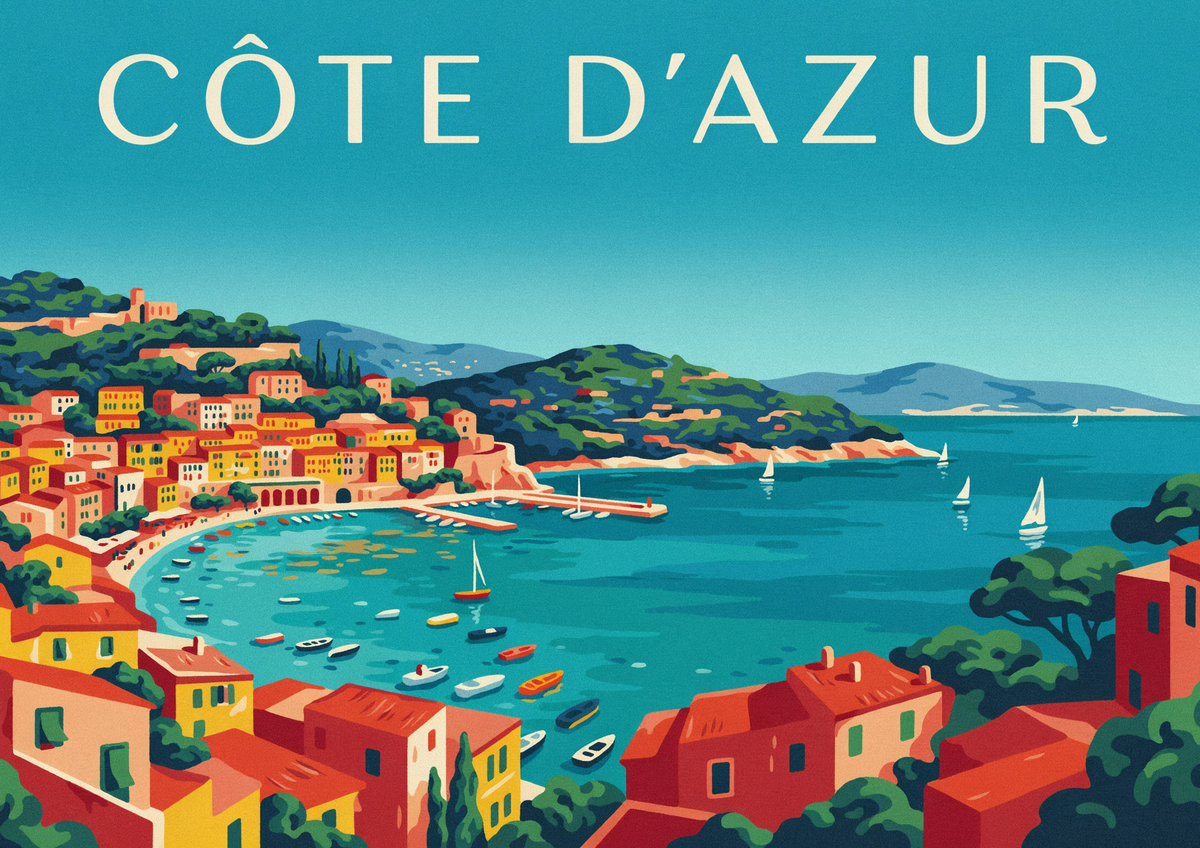 Affiche Côte d'Azur bâtiments côtiers et voiliers