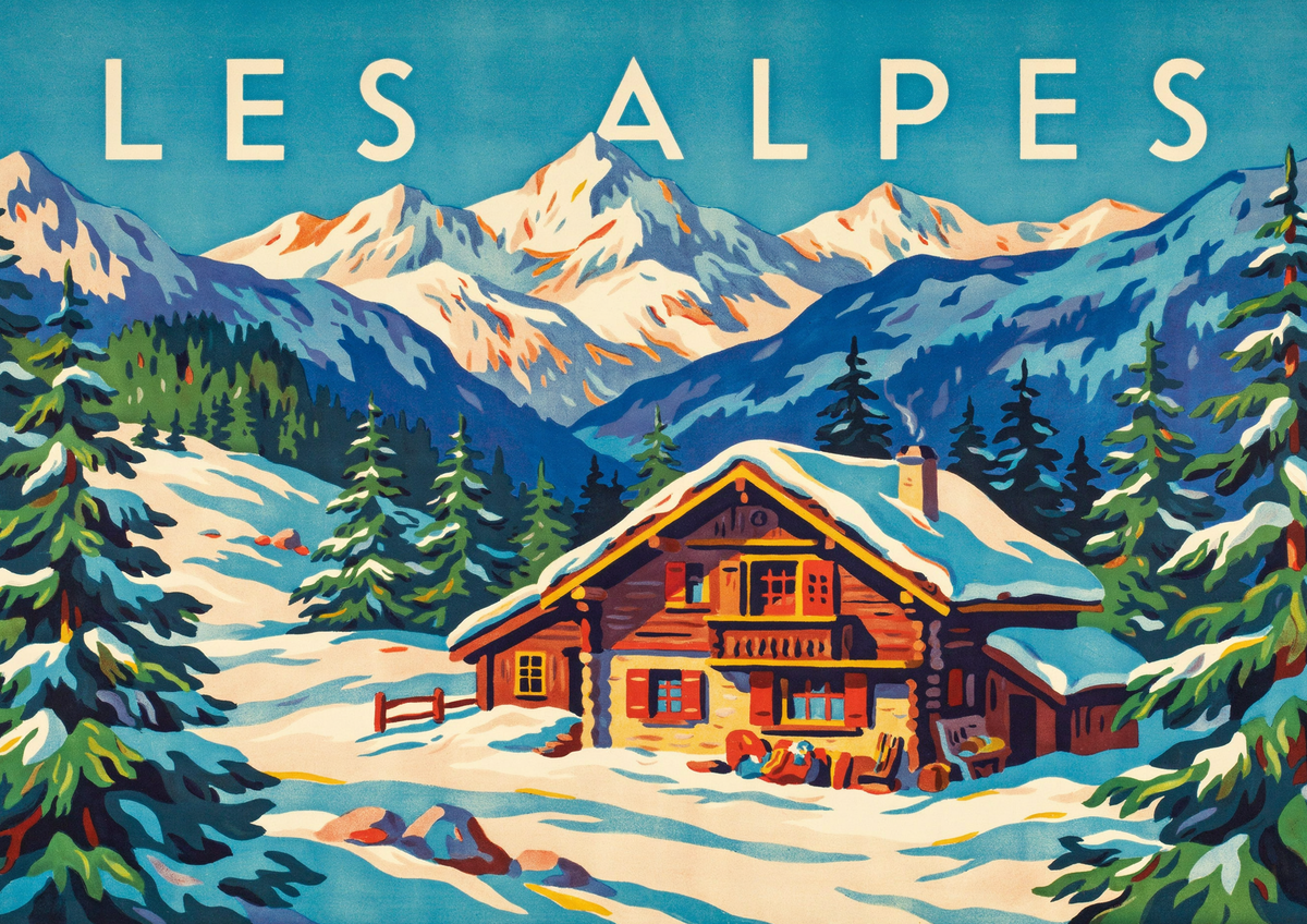 Affiche Les Alpes hiver chalet montagne enneigé rétro