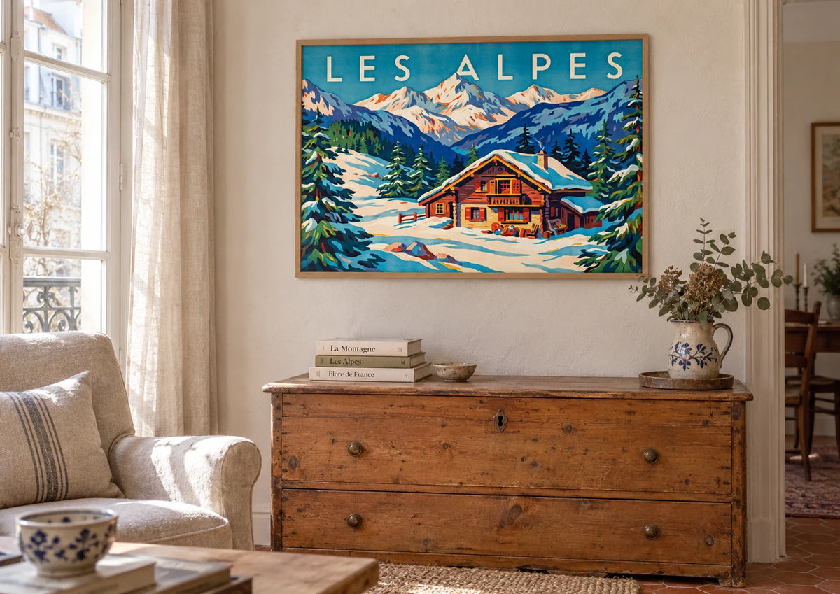 Mise en situation de Affiche Les Alpes hiver chalet montagne enneigé rétro