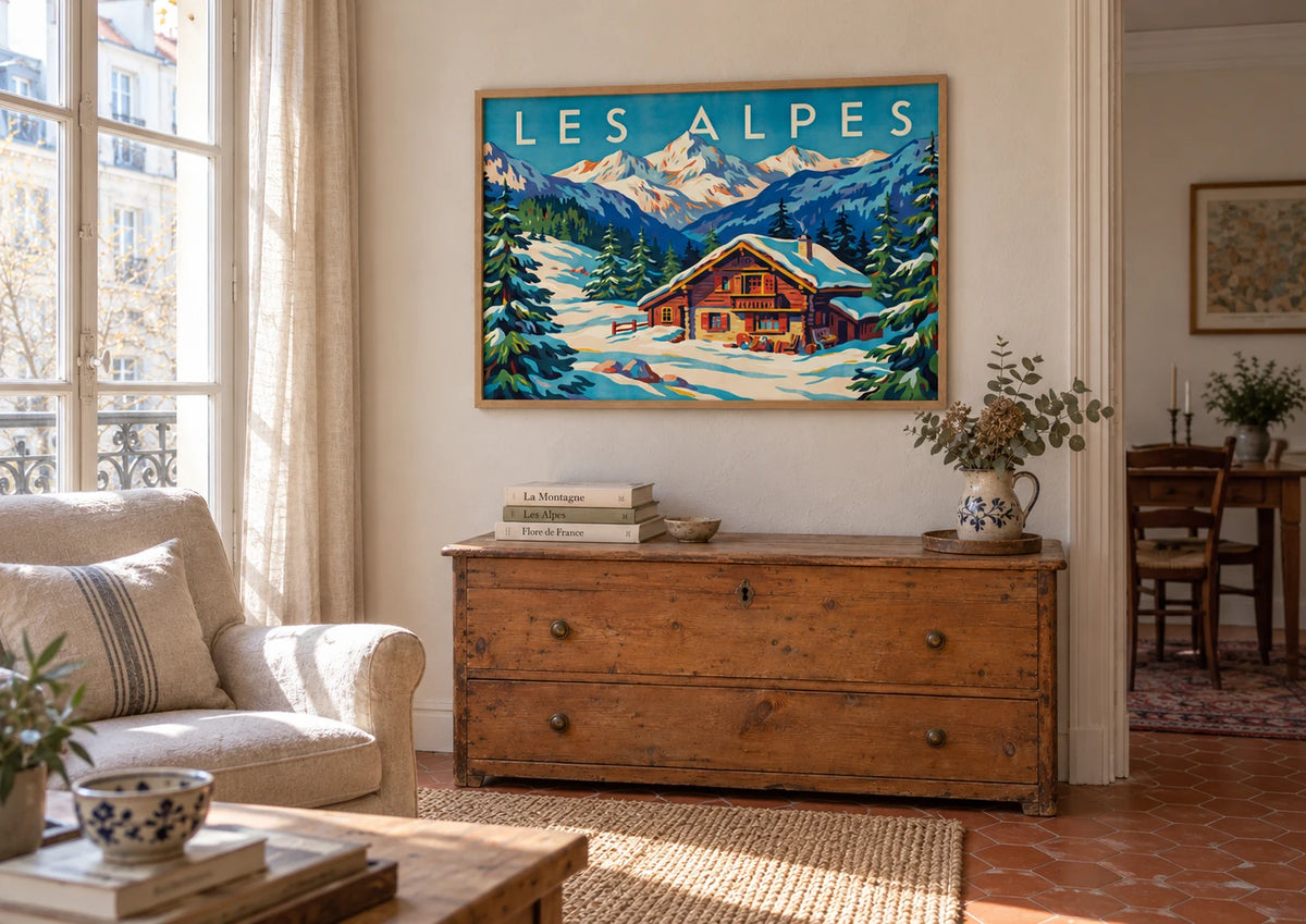 Affiche Les Alpes hiver chalet montagne enneigé rétro, A2, vue éloignée