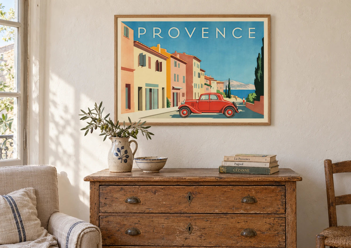Mise en situation de Affiche Automobile rétro bord de mer Provence