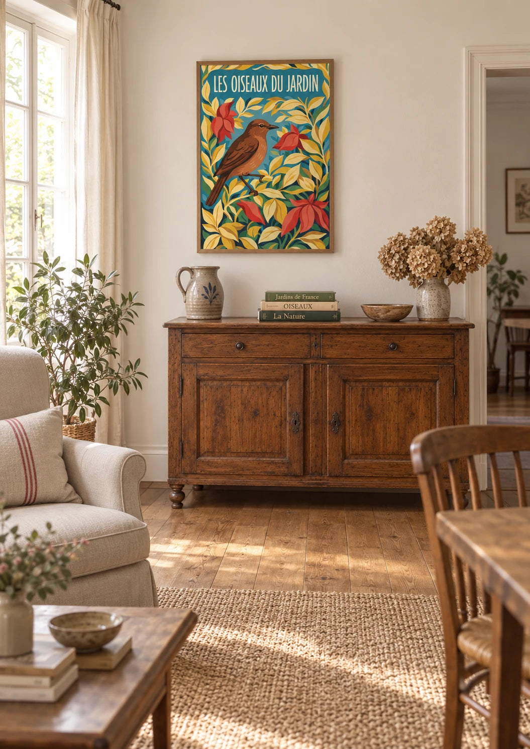 Affiche Les Oiseaux du Jardin illustration ornithologique, A2, vue éloignée