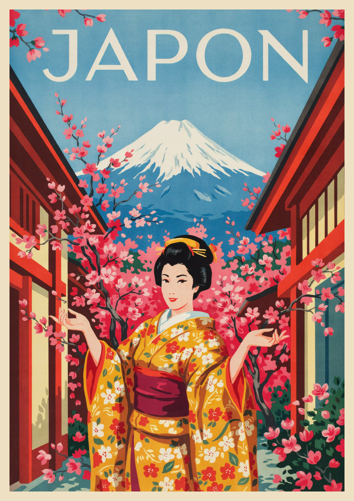 Affiche Art Déco Femme Kimono Mont Fuji Japon