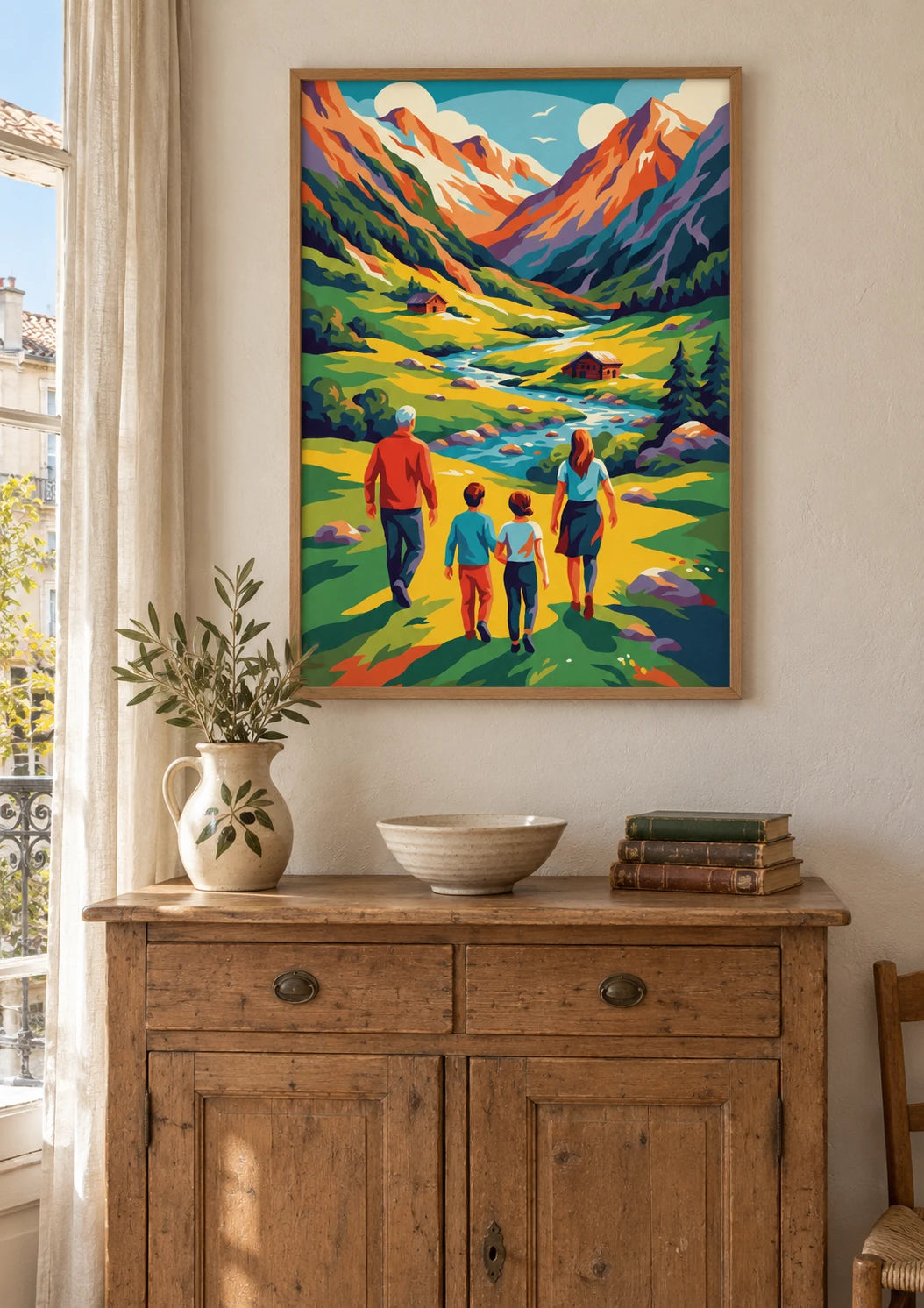 Mise en situation de Affiche famille chalet montagne enneigée années 1930