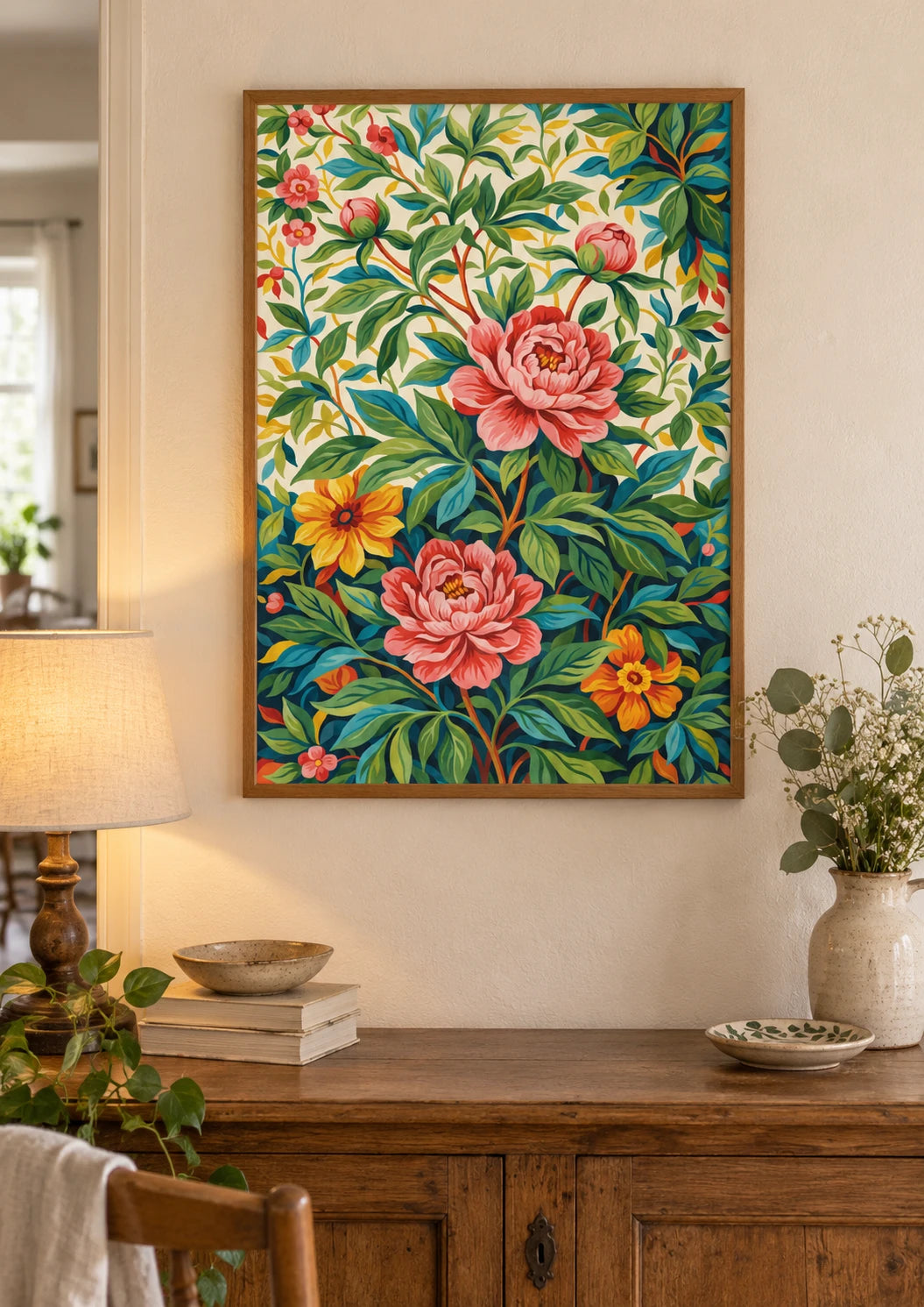 Mise en situation de Affiche Pivoine Rose Illustration Botanique Classique