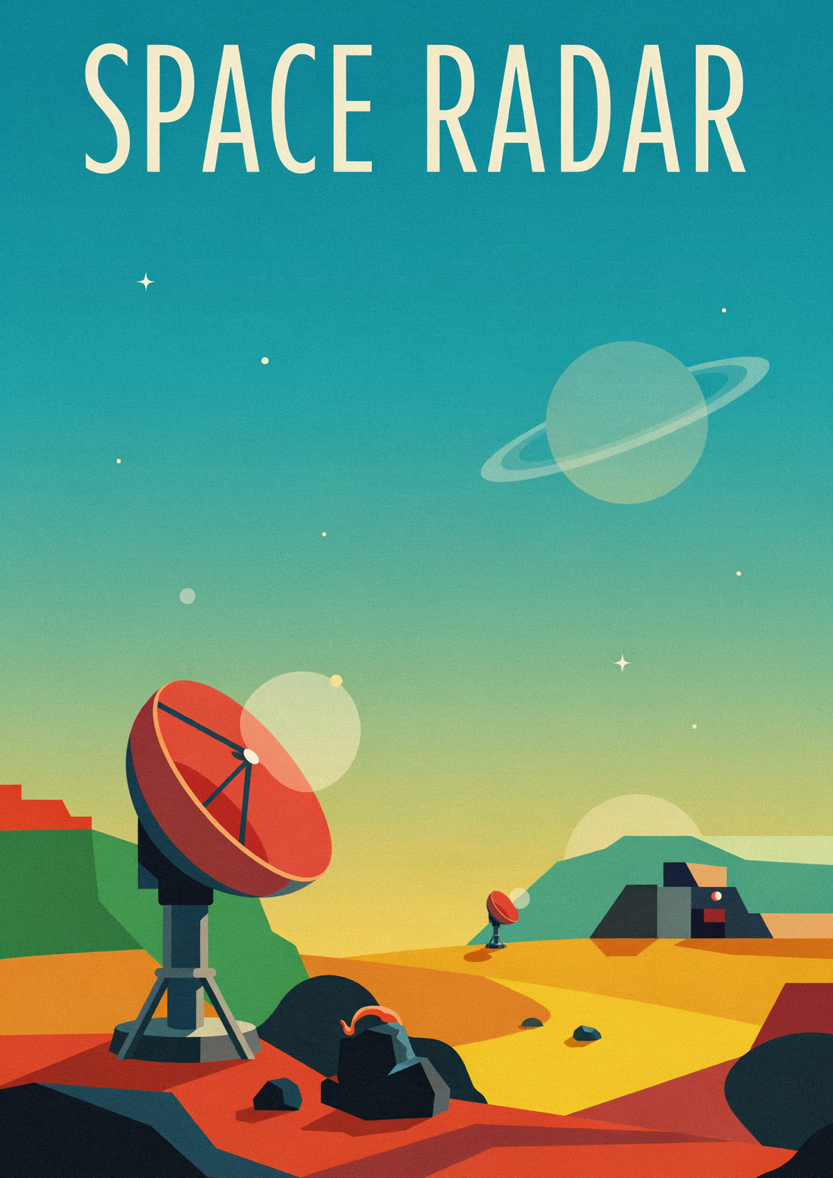Affiche rétro futuriste station radar spatiale planète