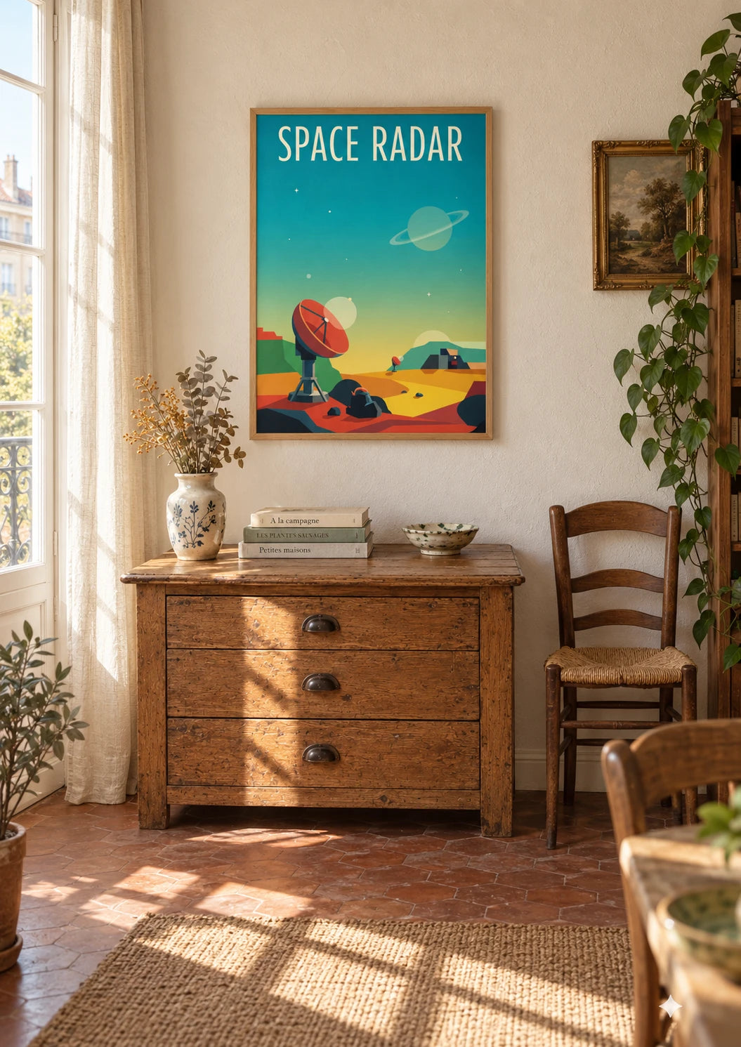 Affiche rétro futuriste station radar spatiale planète, A2, vue éloignée