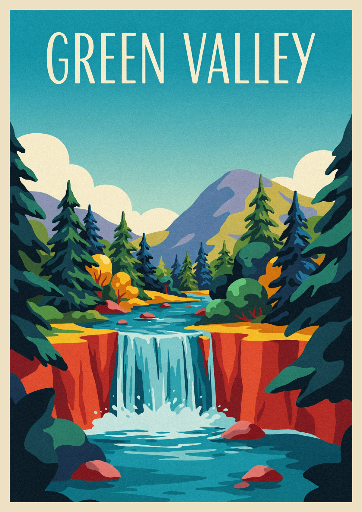 Affiche cascade et réserve naturelle de montagne