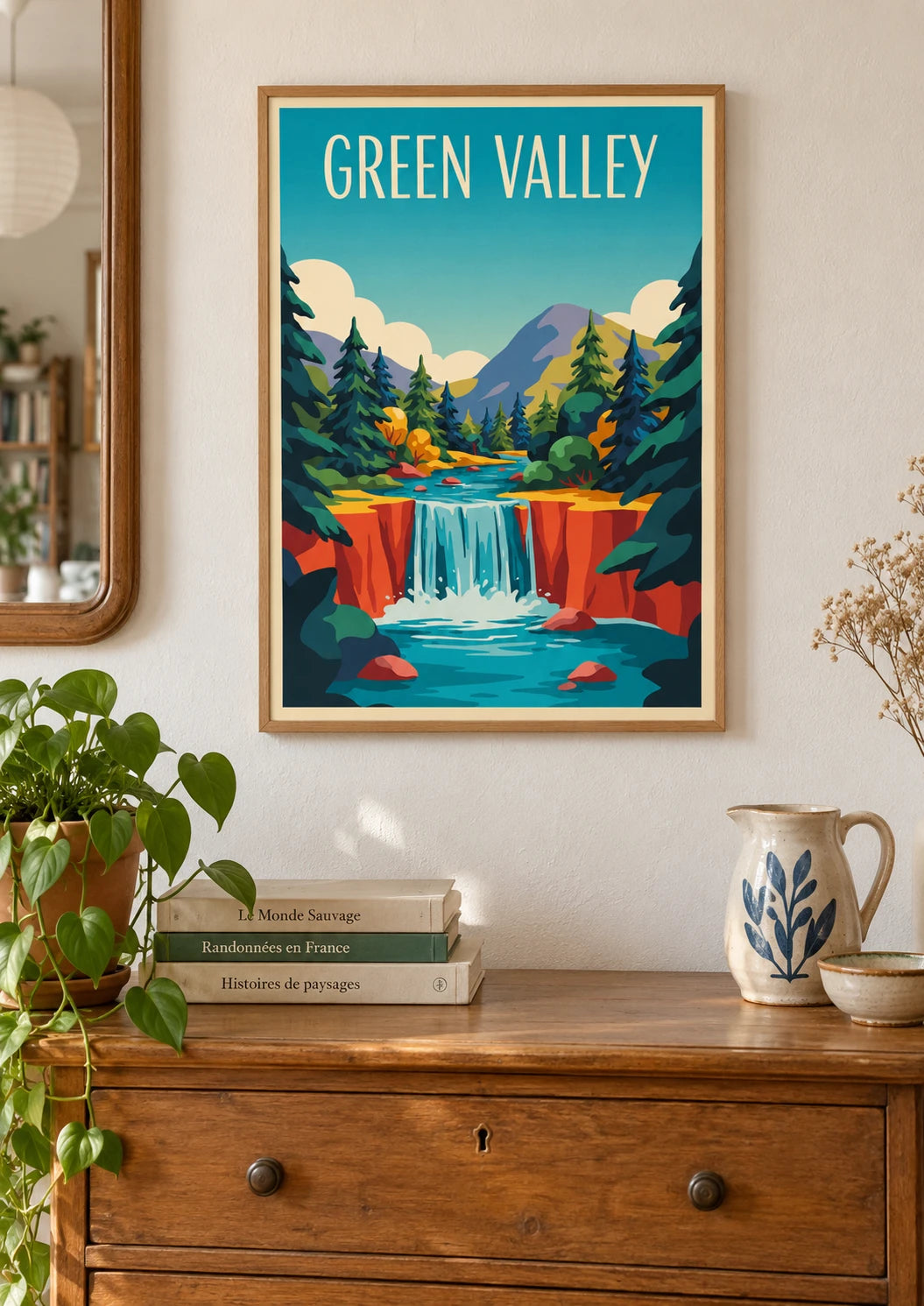 Mise en situation de Affiche cascade et réserve naturelle de montagne