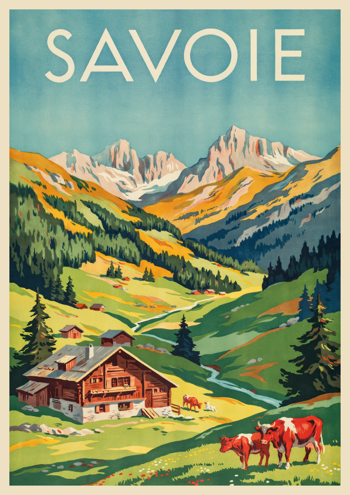 Affiche Alpes avec vaches et chalets montagnards Savoie, Affiche