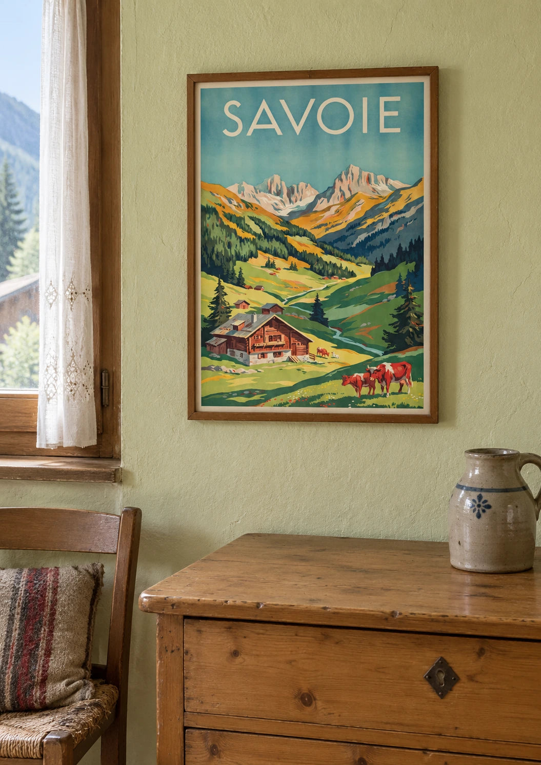 Affiche Alpes avec vaches et chalets montagnards Savoie, A2, vue normale