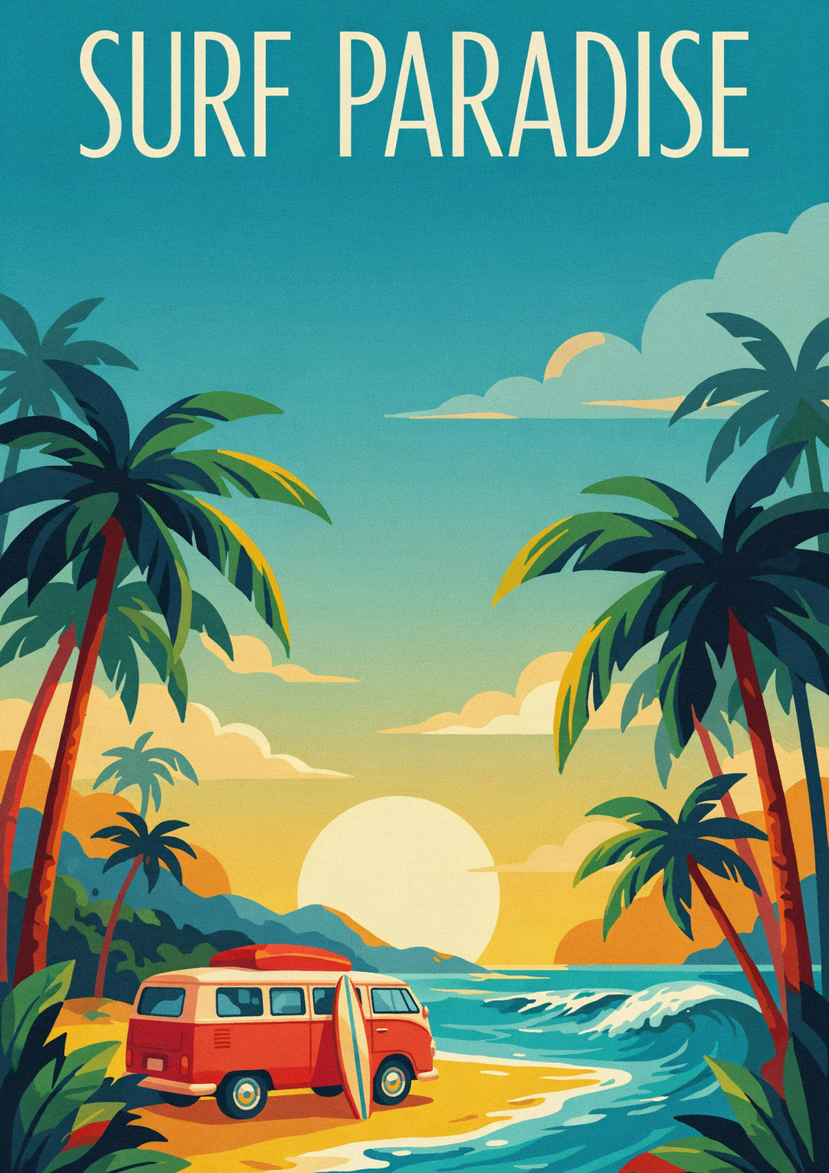 Affiche rétro van aménagé et planche de surf au coucher de soleil