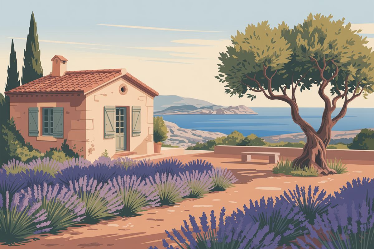 Cabanon provençal entouré de lavande et d'oliviers