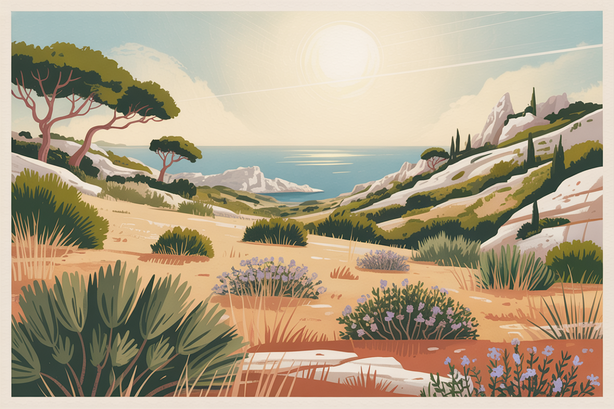 Garrigue de Provence, paysage calcaire et pins parasol