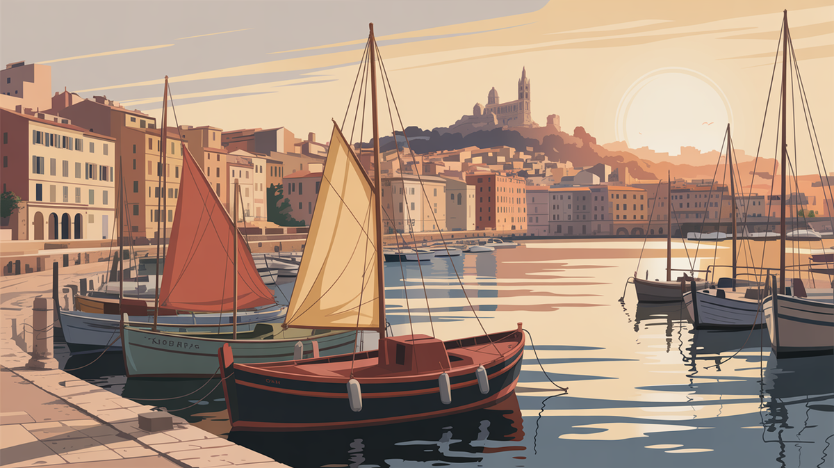 Vieux-Port de Marseille au coucher de soleil, illustration vintage