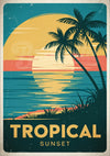 Affiche coucher de soleil tropical avec palmiers et lune dorée