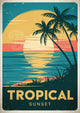Affiche coucher de soleil tropical avec palmiers et lune dorée