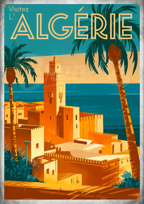 Affiche touristique Algérie kasbah méditerranéenne style Art Déco