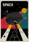 Affiche rétro antenne parabolique et exploration spatiale