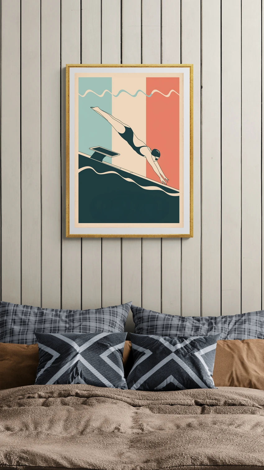 Mise en situation de Affiche plongeur Art déco années 1930