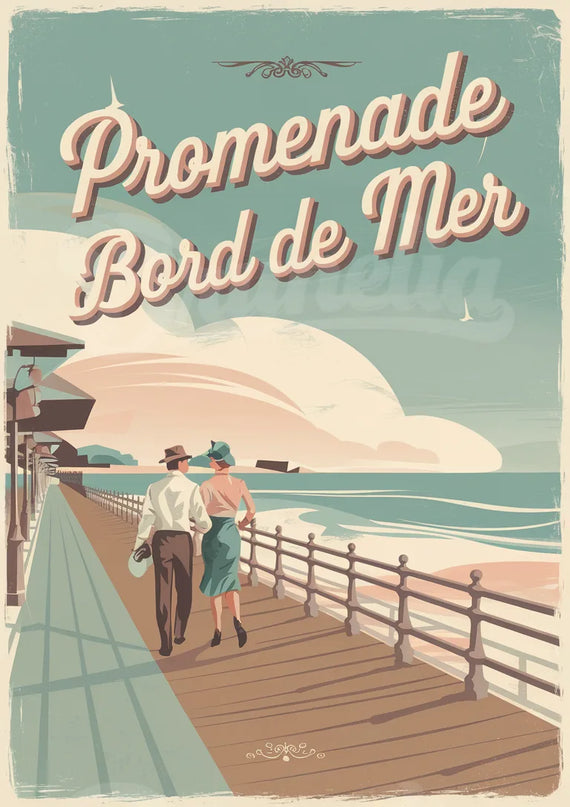 Affiche promenade bord de mer rétro
