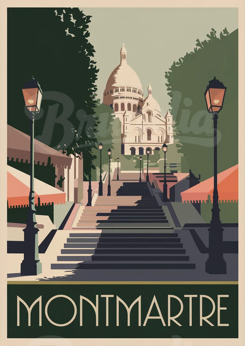 Affiche Montmartre escaliers Sacré-Cœur lampadaires auvents
