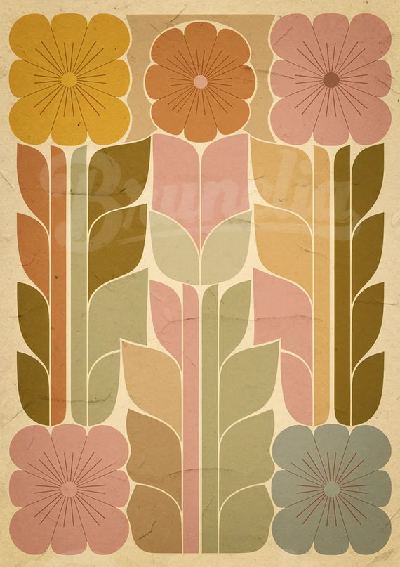 Affiche vintage motifs floraux multicolores