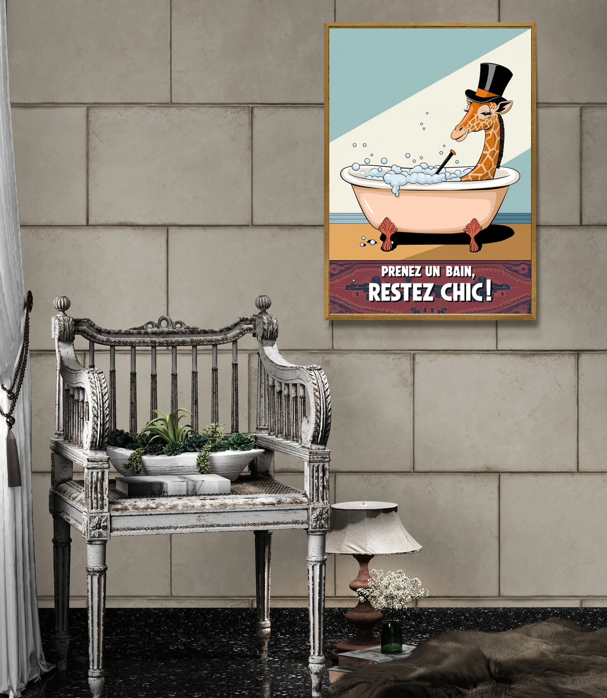 Mise en situation de Affiche Girafe à la Baignoire Rétro Humour