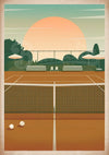 Affiche court de tennis rétro coucher de soleil