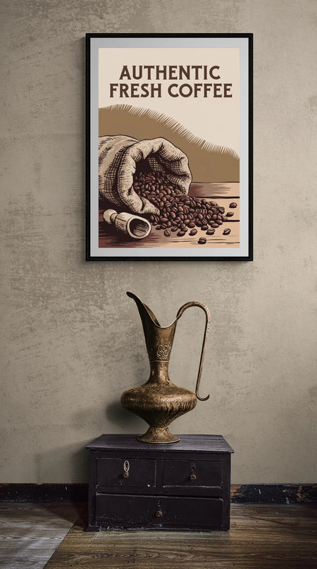 Affiche vintage café en grain et sac de jute