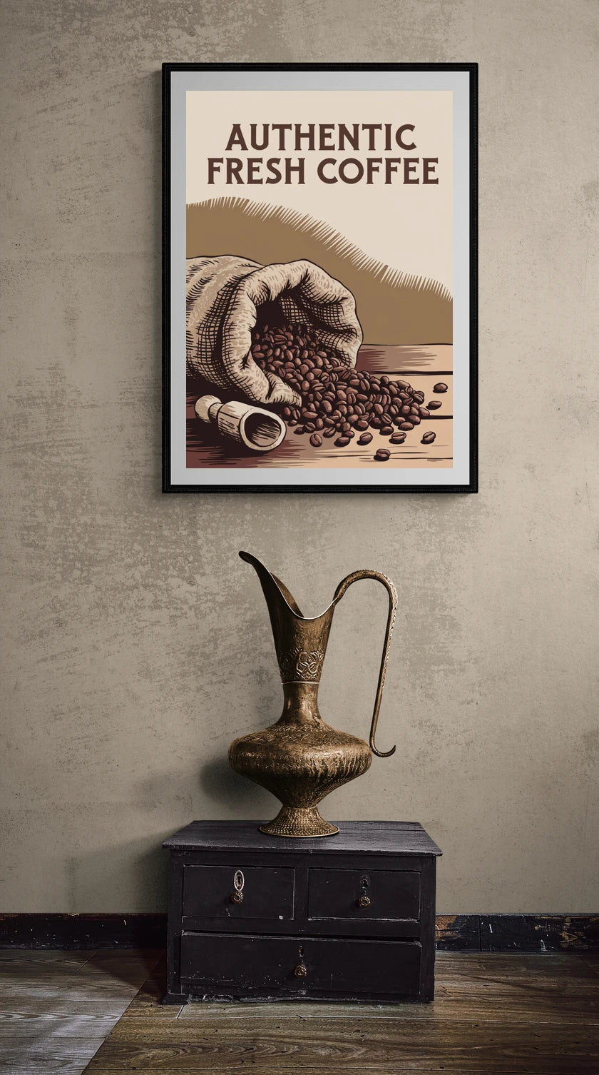 Affiche vintage café en grain et sac de jute