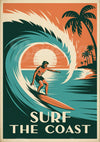 Affiche rétro surfeur vague tropicale coucher de soleil