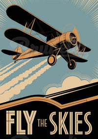 Affiche aviation biplan Art déco Fly the Skies
