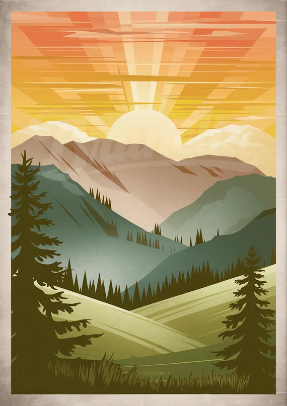 Affiche vintage coucher de soleil sur les montagnes copie