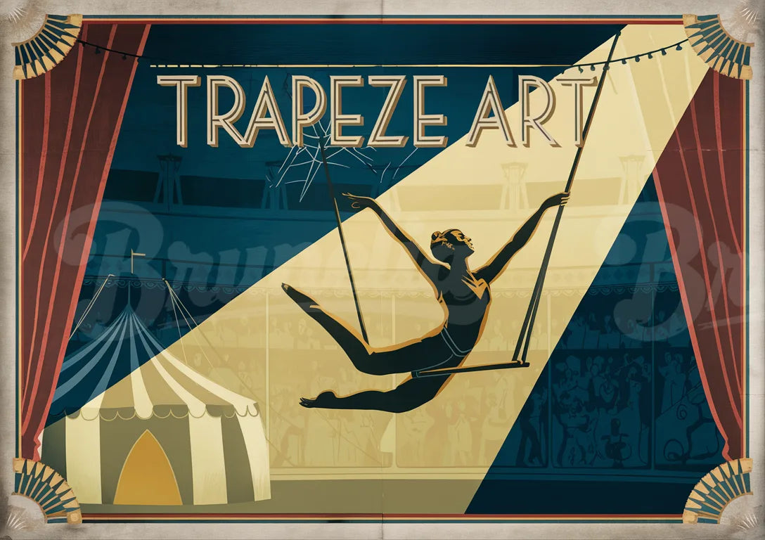 Affiche vintage trapéziste en plein vol