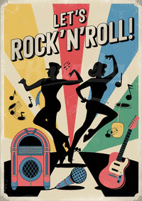 Affiche rétro danseurs rock avec jukebox et guitare