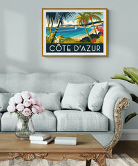 Affiche Côte d'Azur style Art Déco palmiers et plage